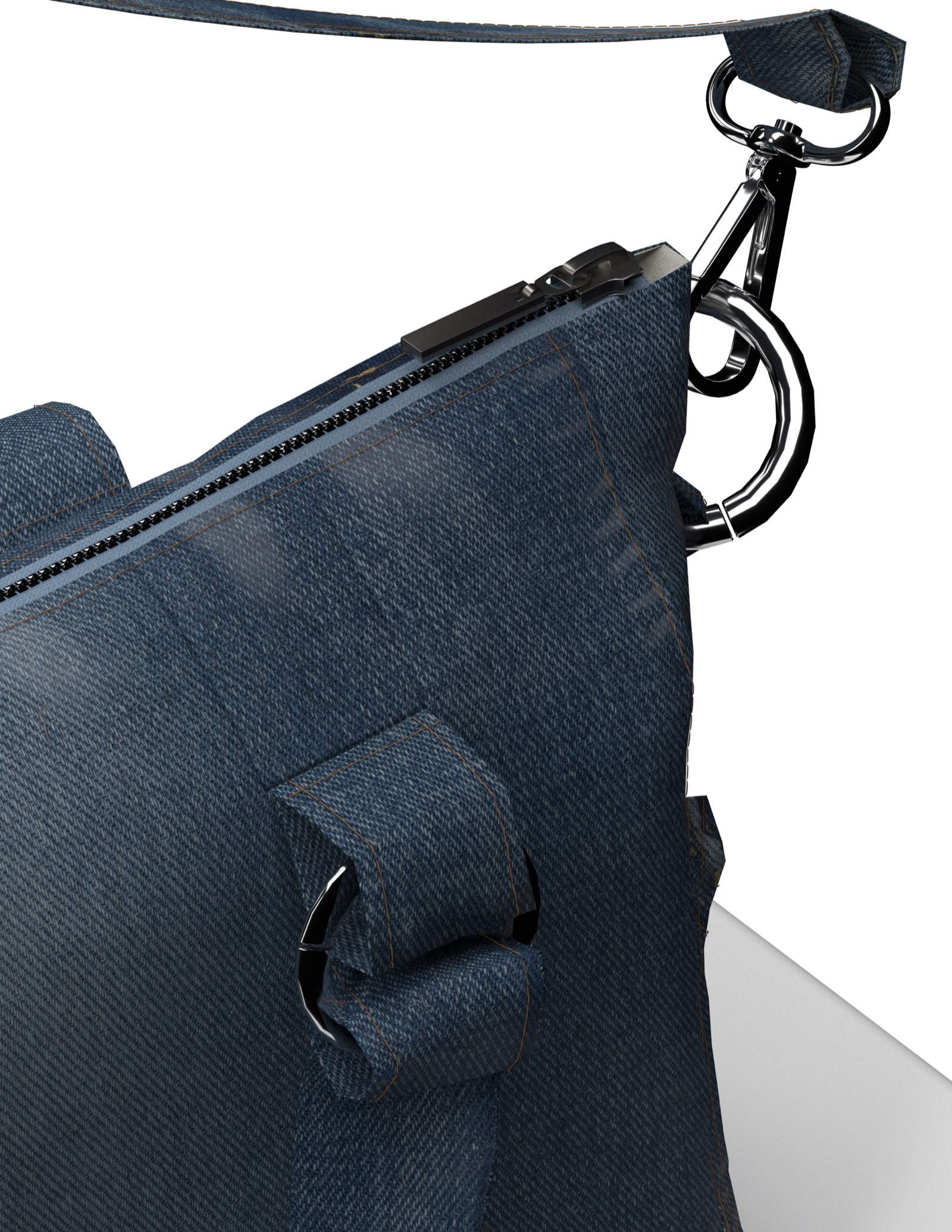 Detail: swivel clasp and top zip closure.