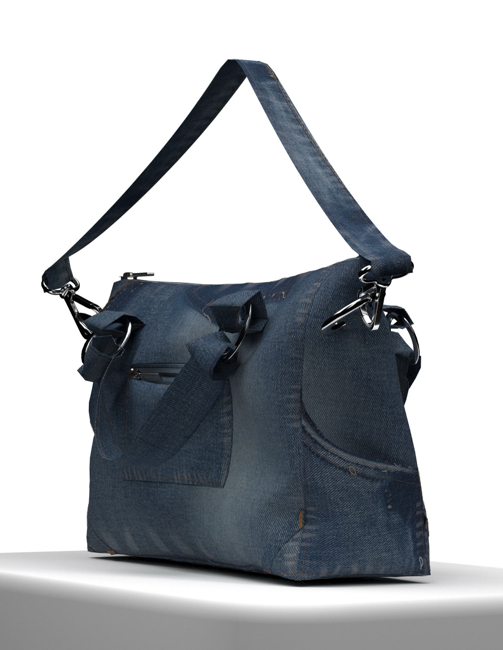 Structured denim shoulder bag made from the deconstructed jean legs, three-quarter view.
