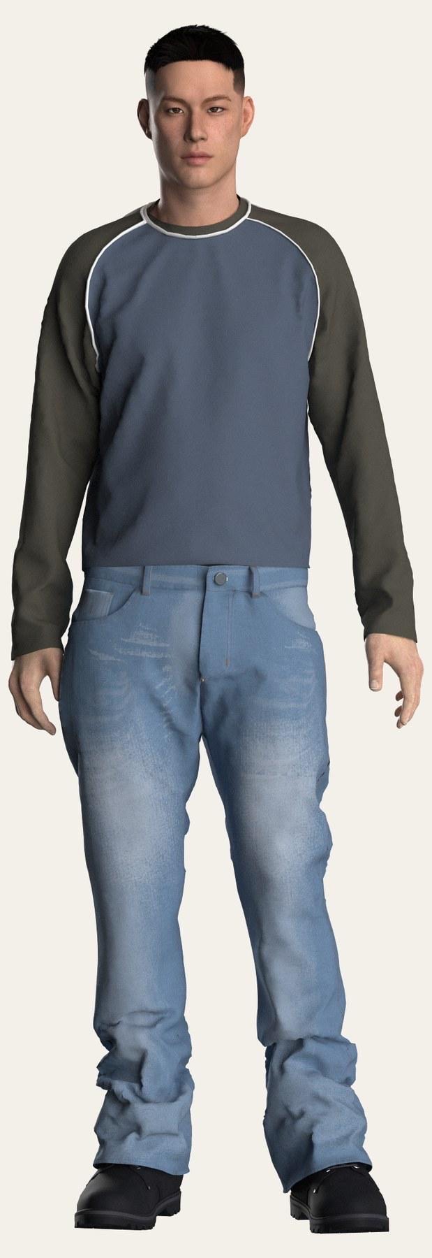The CLO3D digital twin of the same jeans, front view.