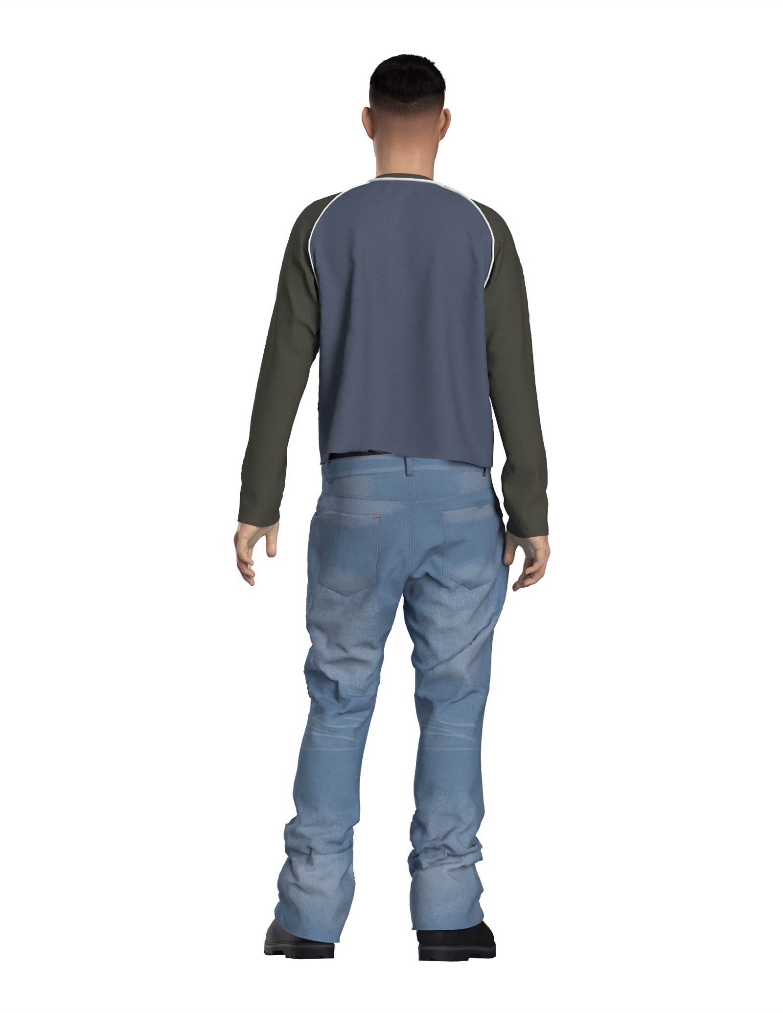 CLO3D digital twin of the bootcut jeans on the avatar, back view.