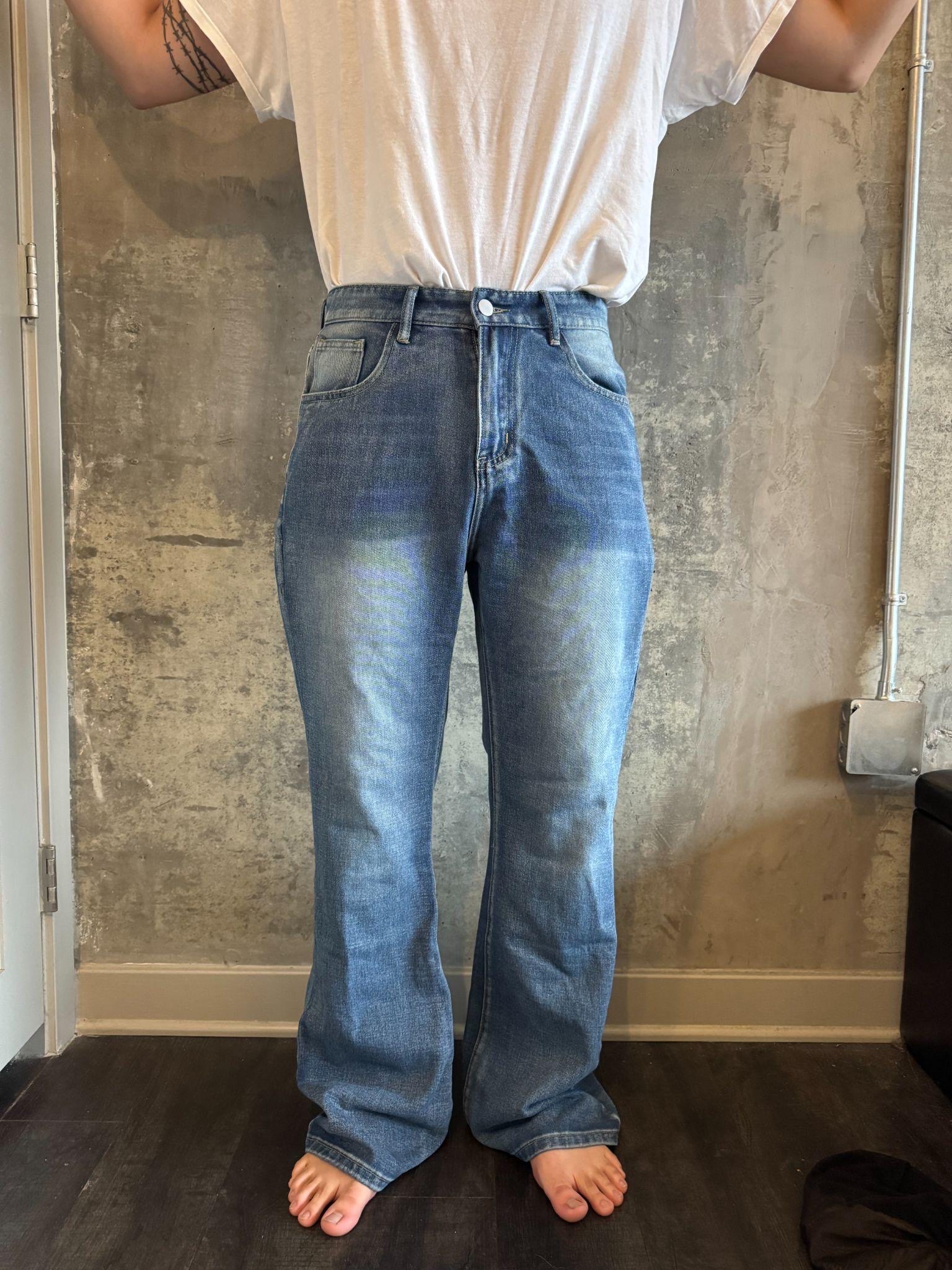 Original jeans worn, back view.