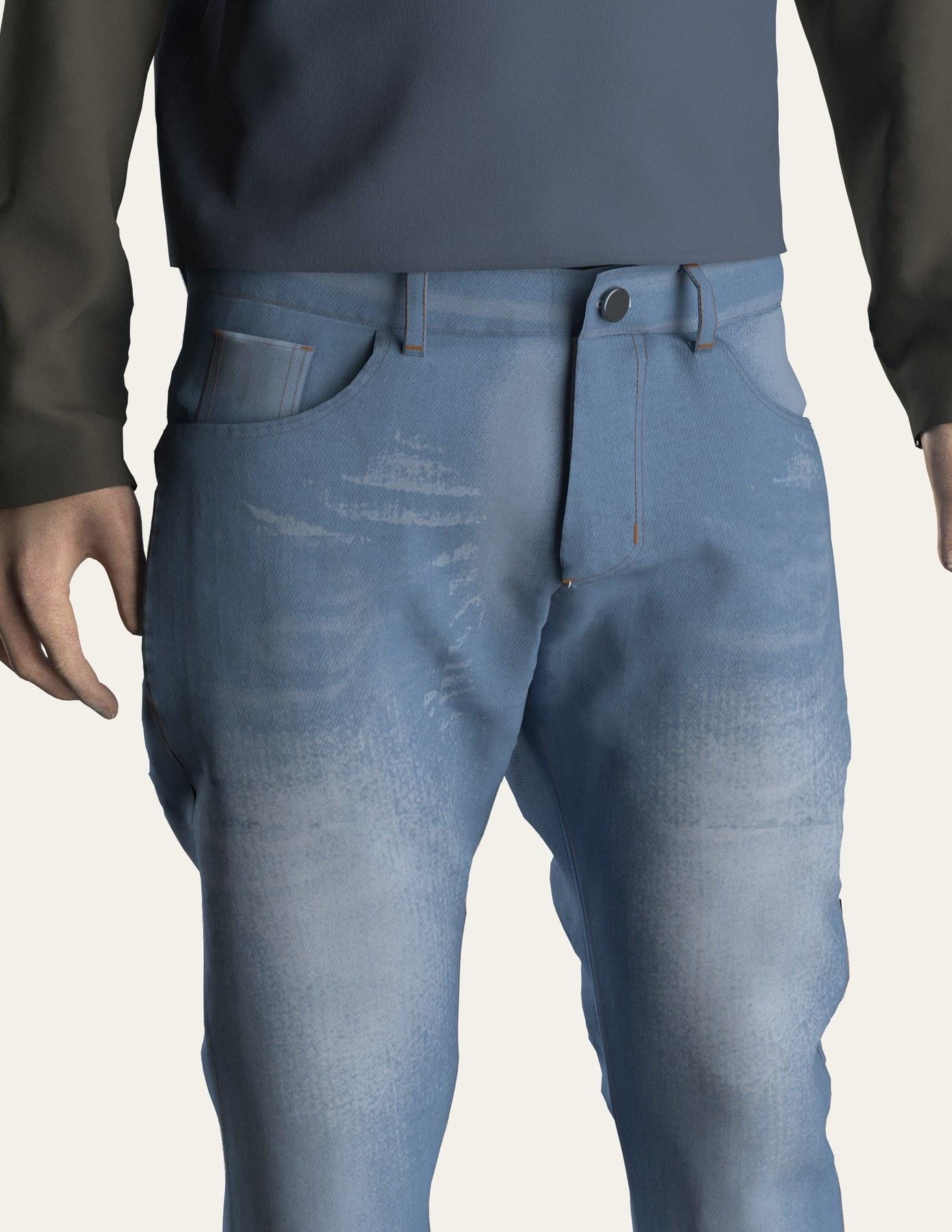 CLO3D render of the jeans front — fly, coin pocket and wash.