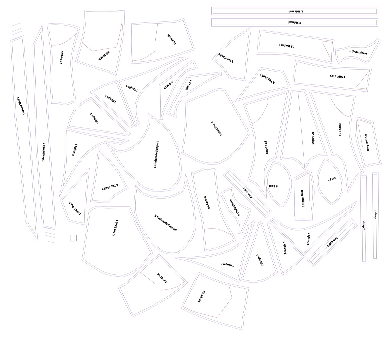 Printable layout of the form one pattern pieces.