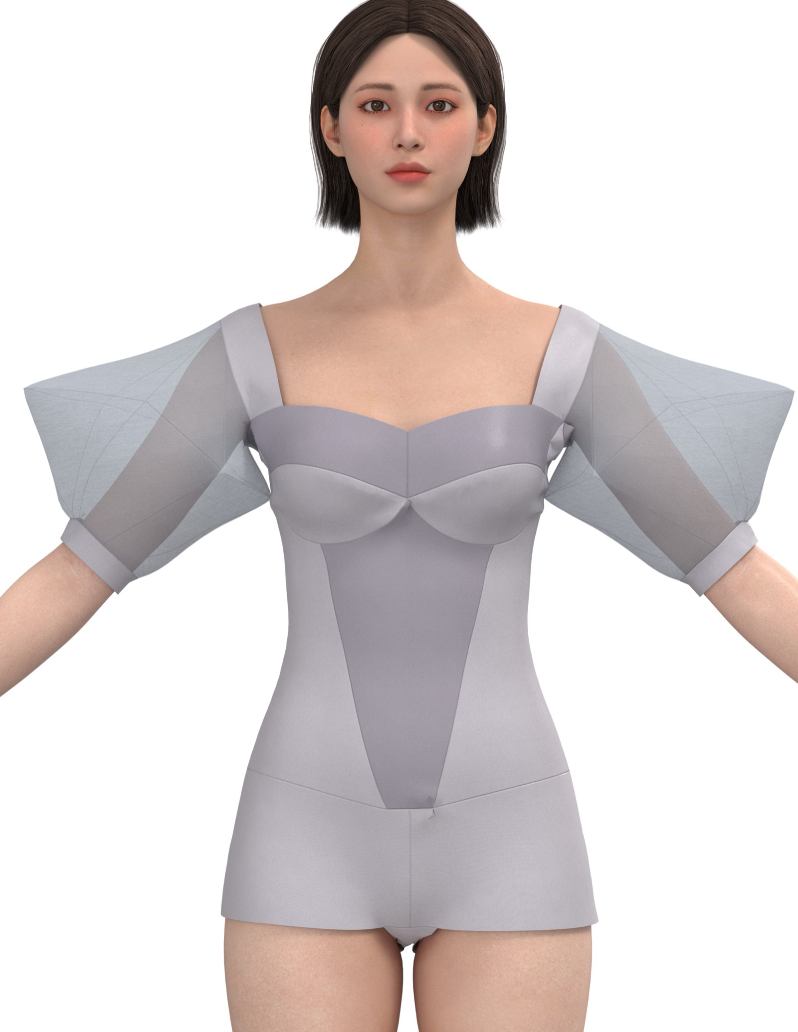 Form one render: fitted bodysuit with oversized sculptural sleeves, front.
