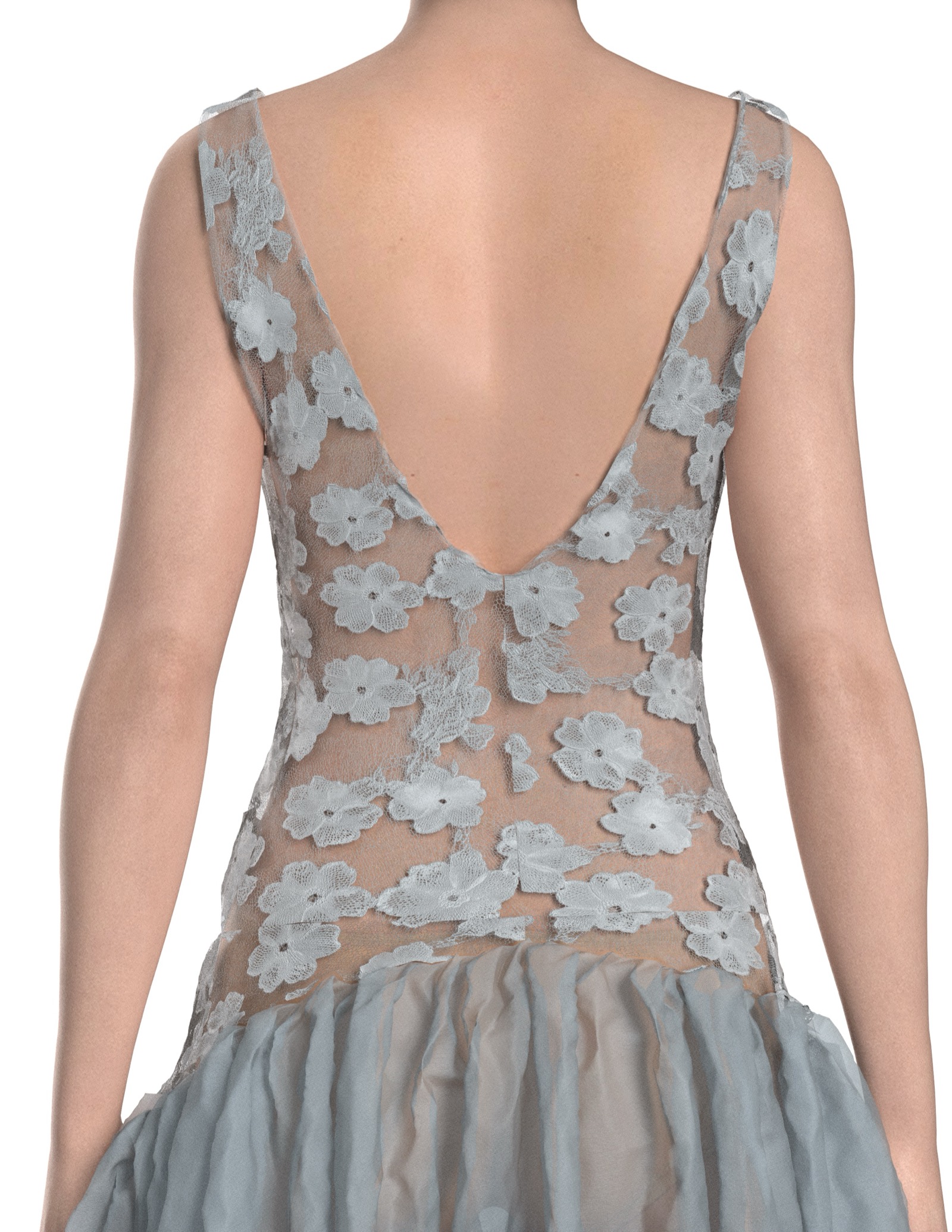 Render detail of the deep scoop back with invisible zip.