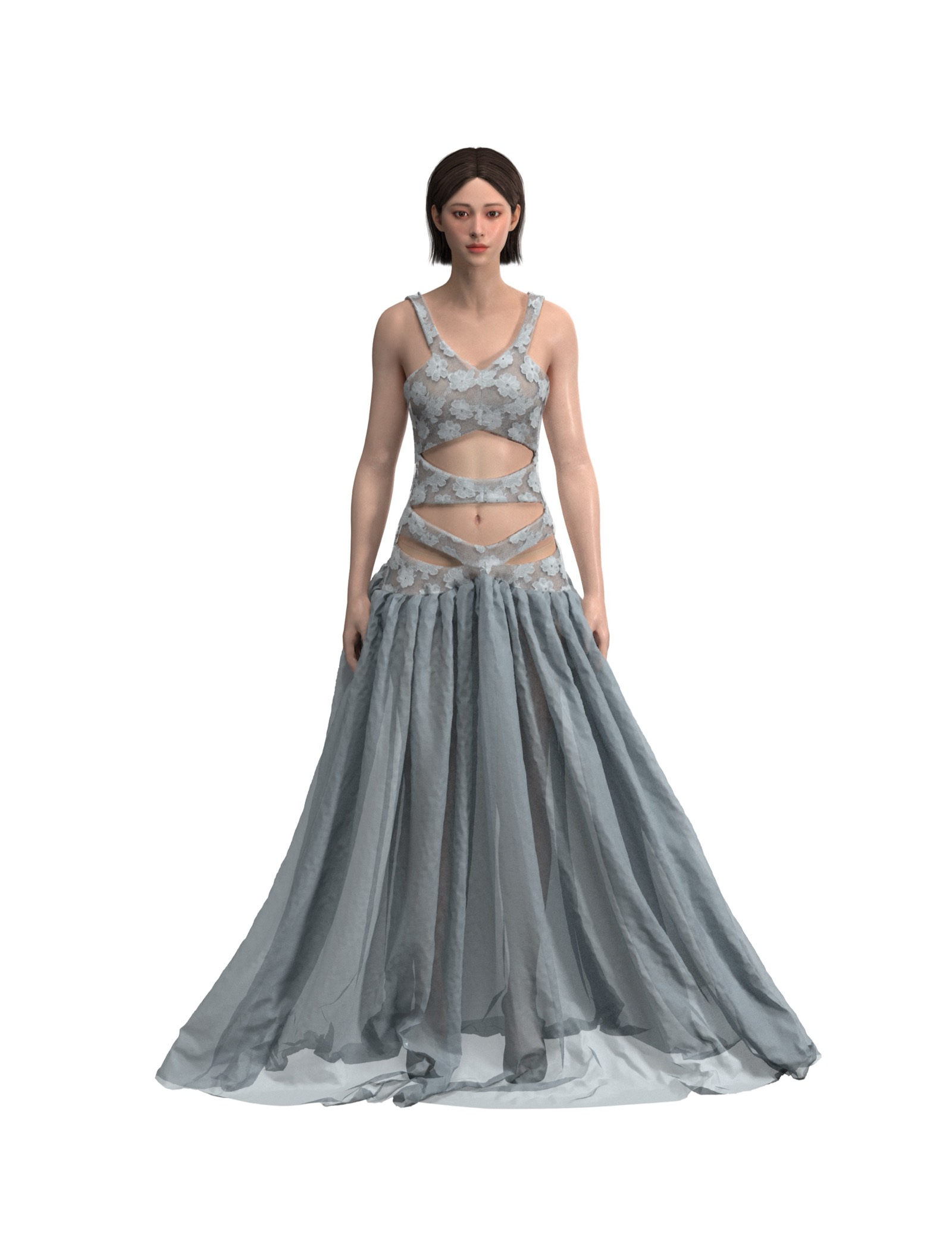 Final render, front: cut-out lace bodice and gathered organza skirt.