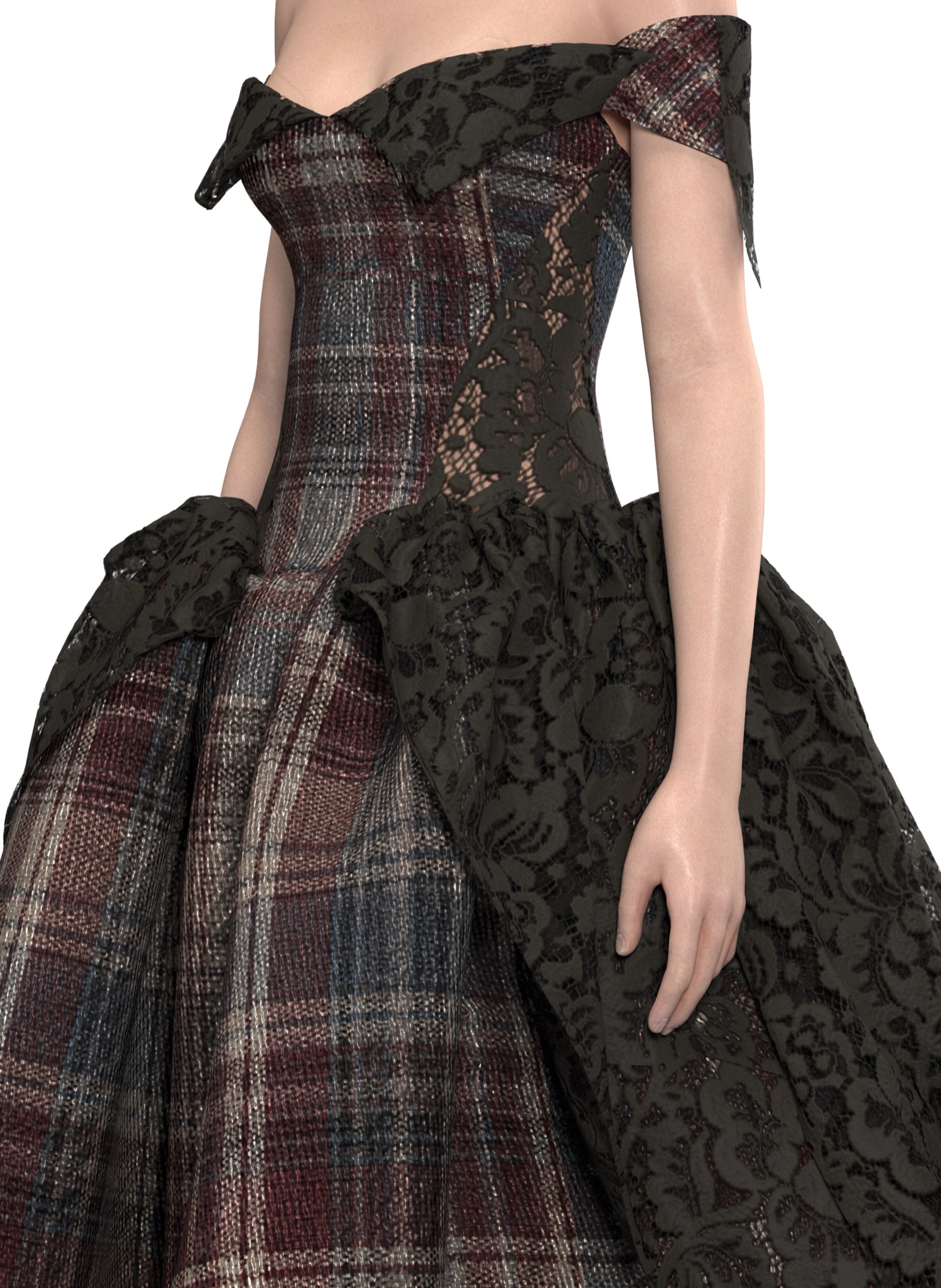 Tartan Nocturne, bodice detail with lace shoulder bands.