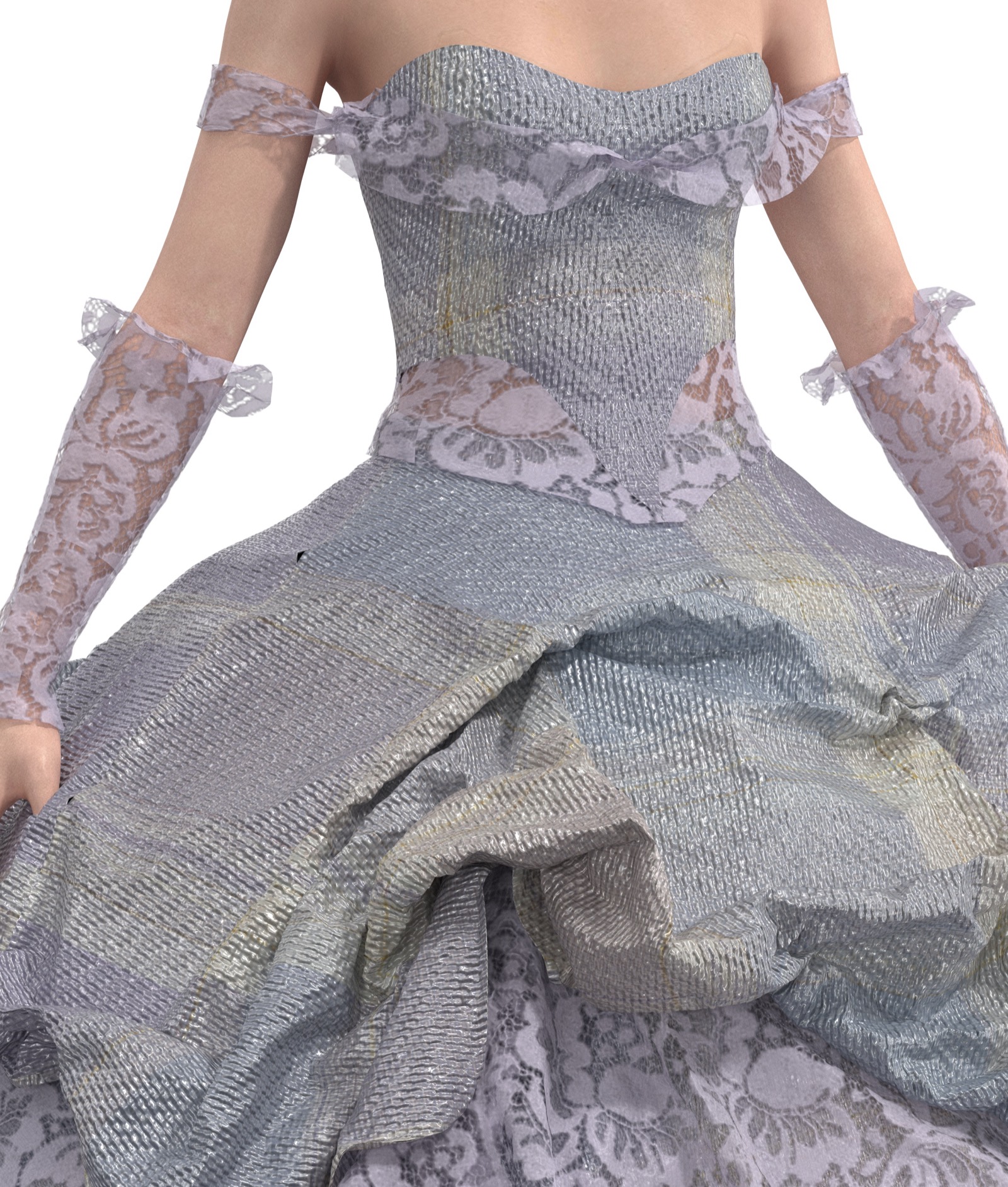 Purple Lace Rococo, detail of the tiered pickup skirt and lace flounce.