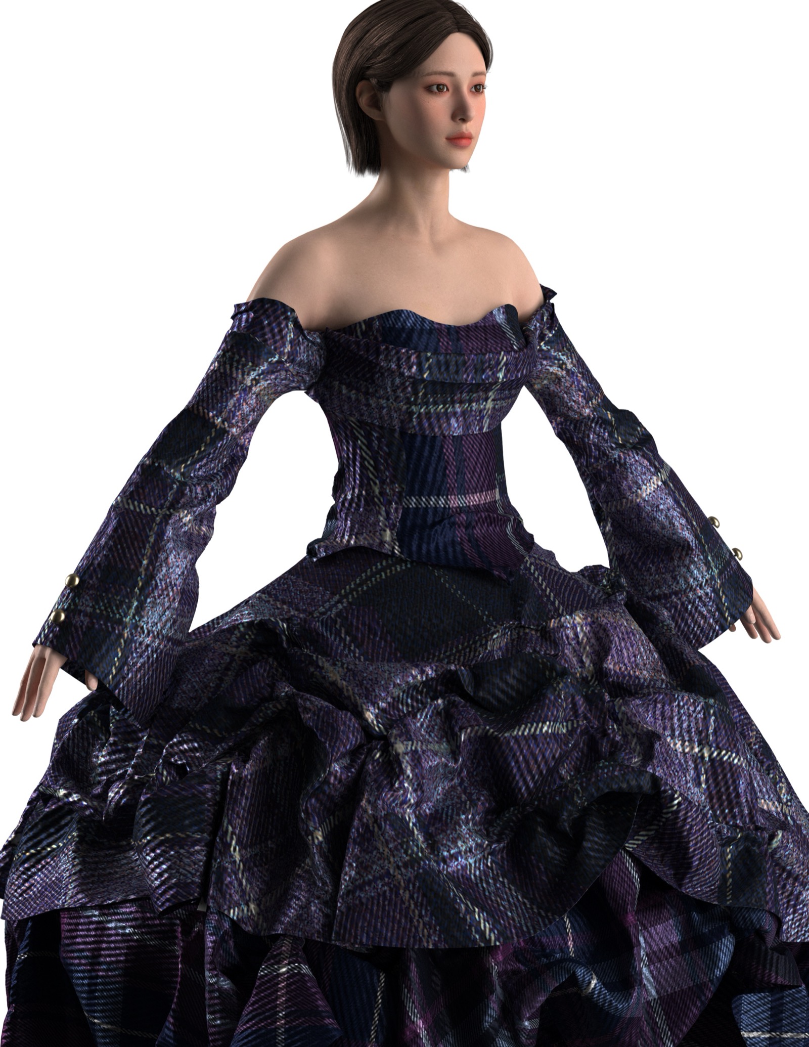 Midnight Tartan, detail of the draped neckline and sleeve.