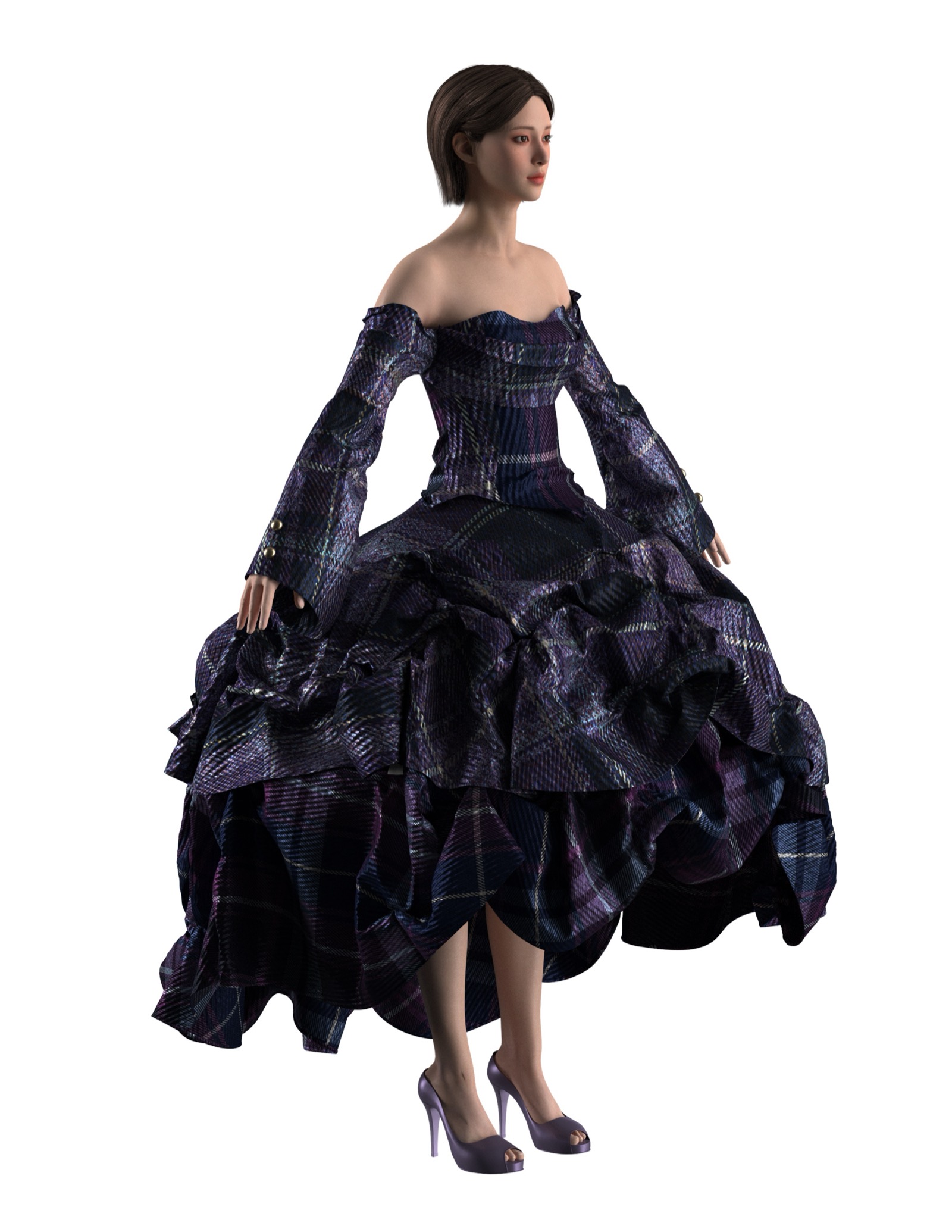 Midnight Tartan corset gown with bell sleeves, CLO3D.