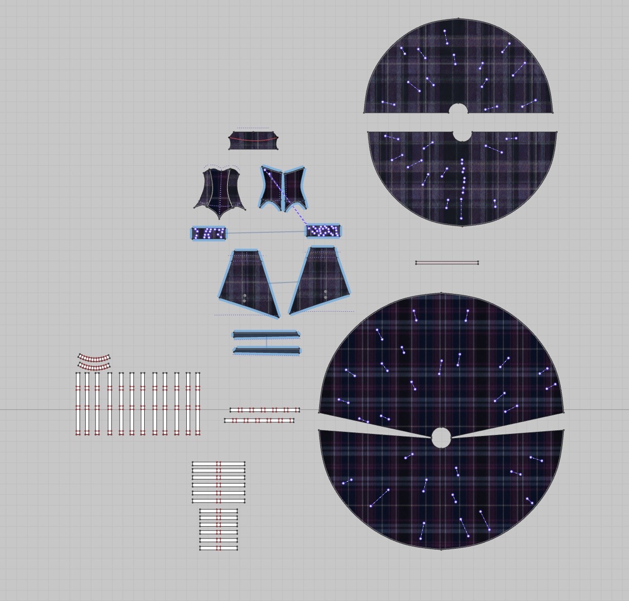 CLO3D 2D pattern pieces for Midnight Tartan.