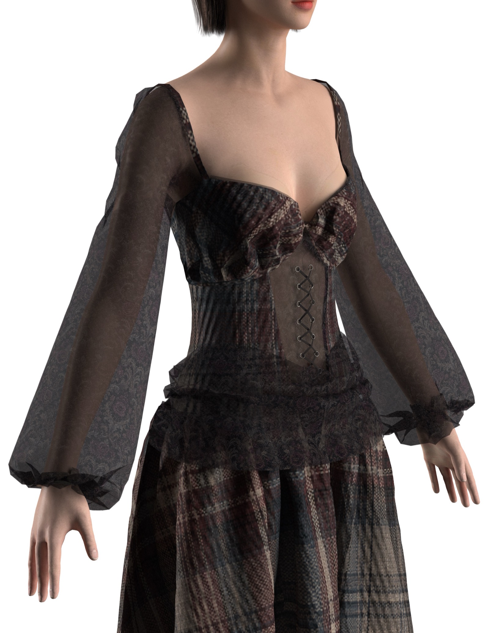 Veiled Tartan, detail of the laced cup bodice and sheer sleeves.