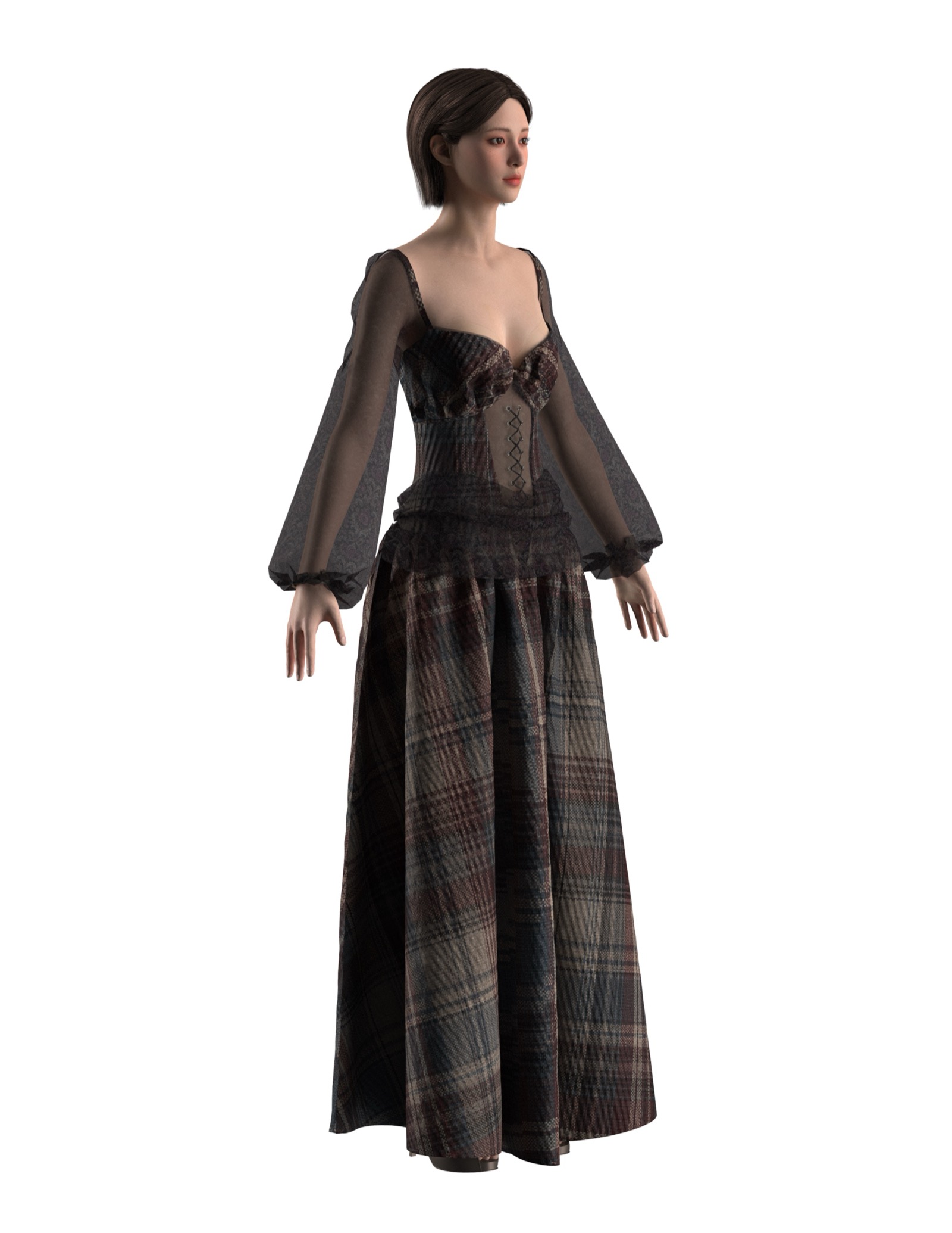Veiled Tartan corset dress with sheer bishop sleeves, CLO3D.