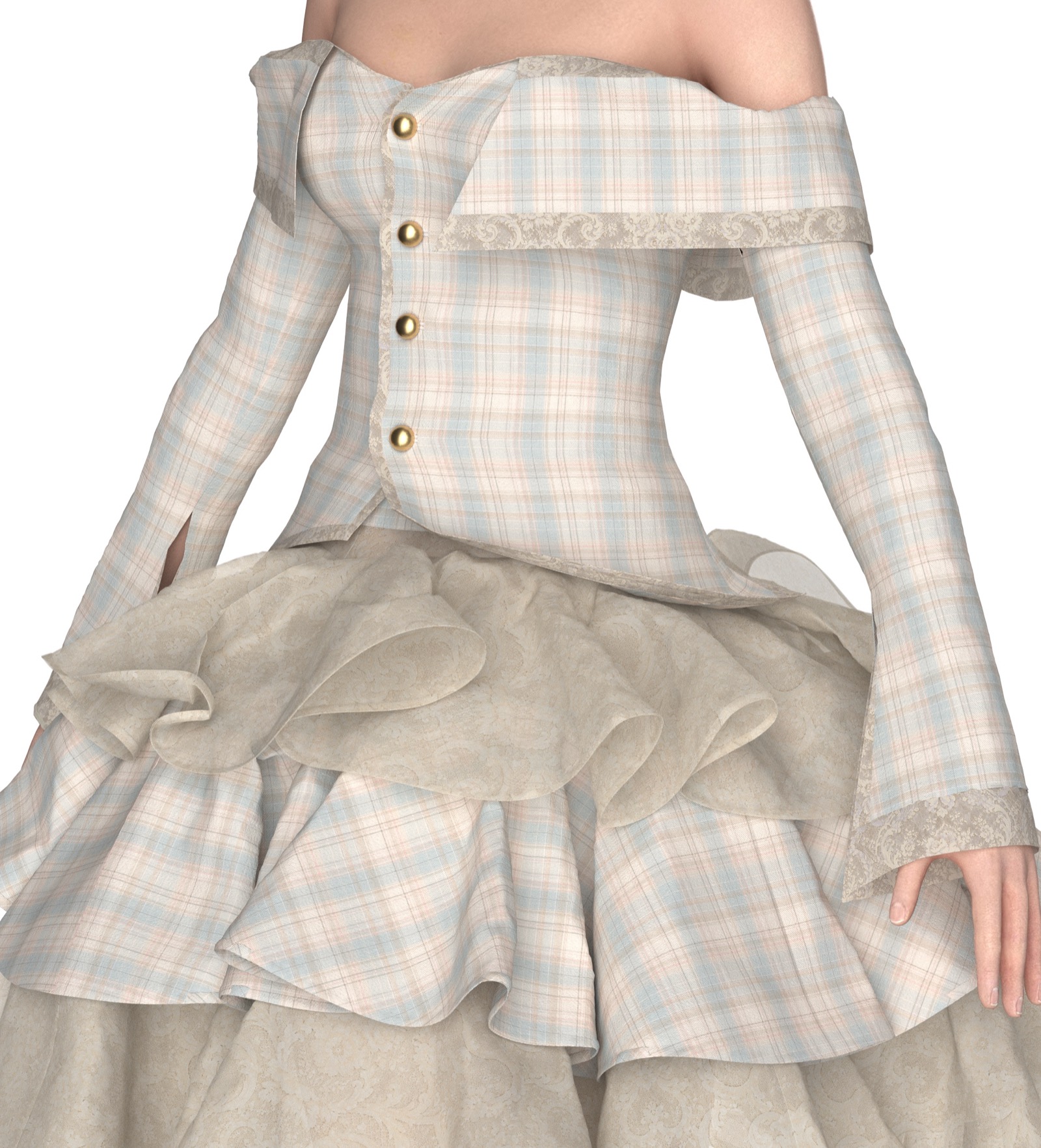 Porcelain Plaid, detail of the fold-over collar and button front.