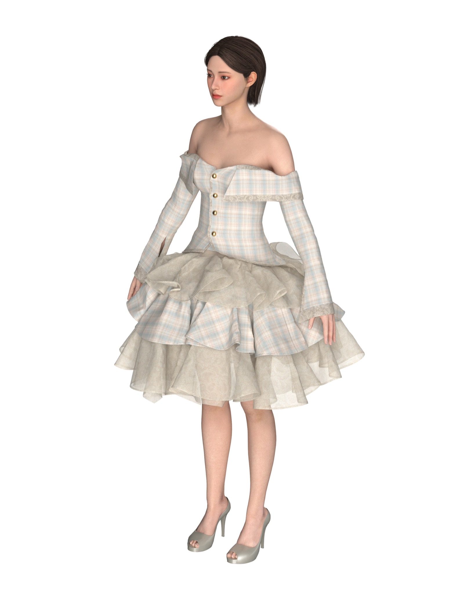 Porcelain Plaid tiered mini dress in pastel plaid, CLO3D.