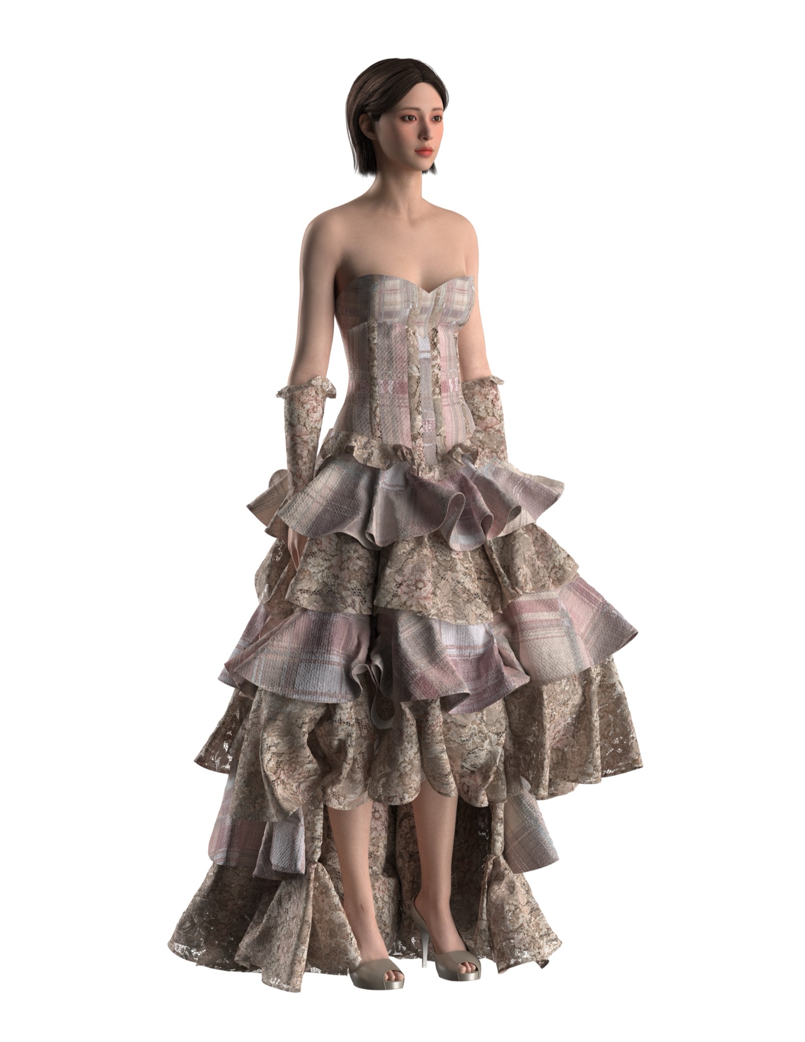 Ribboned Tartan Reverie, strapless corset gown with asymmetric tiers, CLO3D.