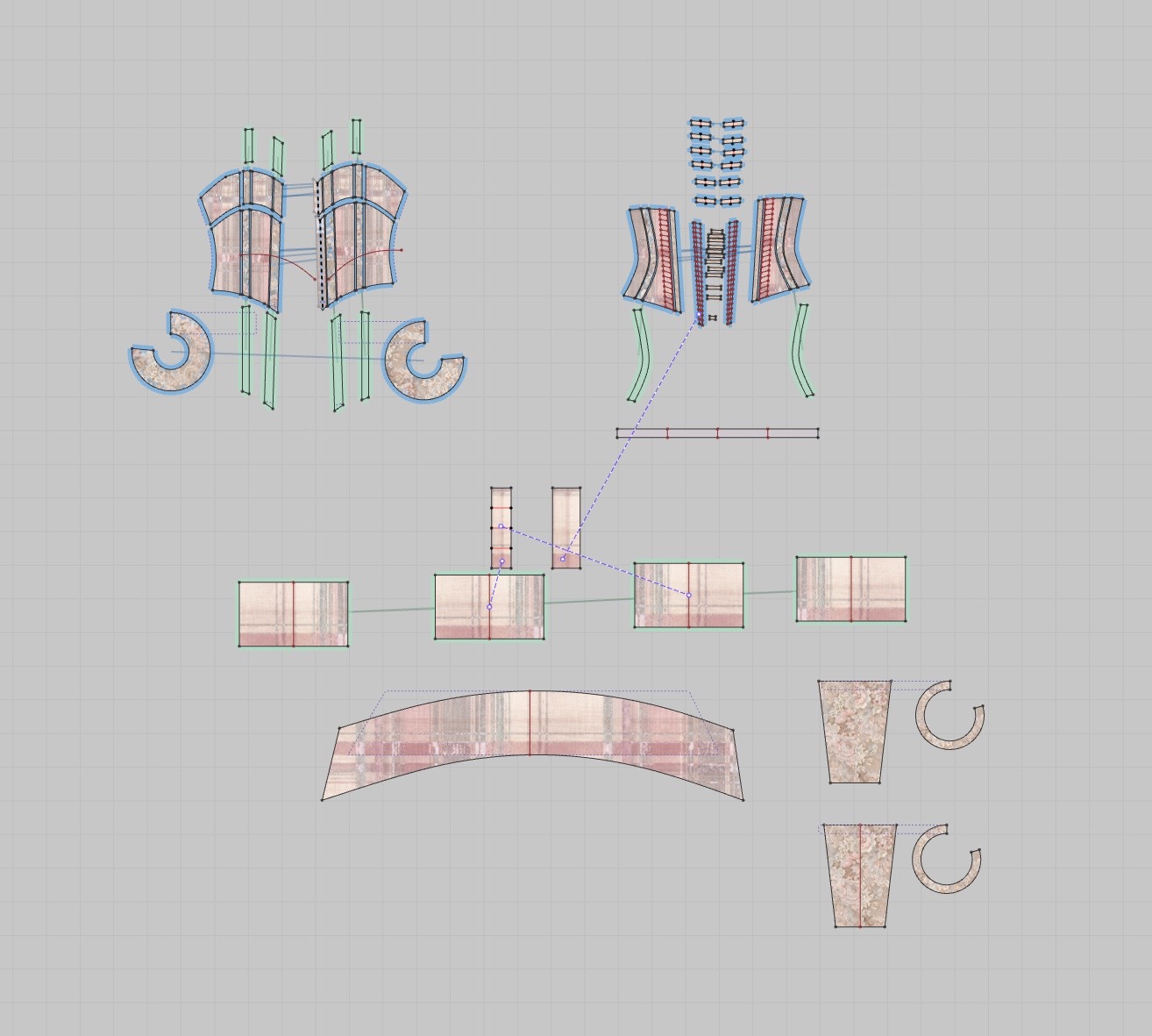 CLO3D 2D pattern pieces for Ribboned Tartan Reverie, sheet one.