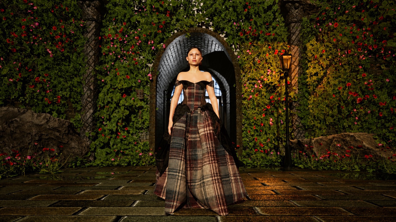 Tartan Nocturne worn by the custom MetaHuman in the Unreal Engine garden scene.