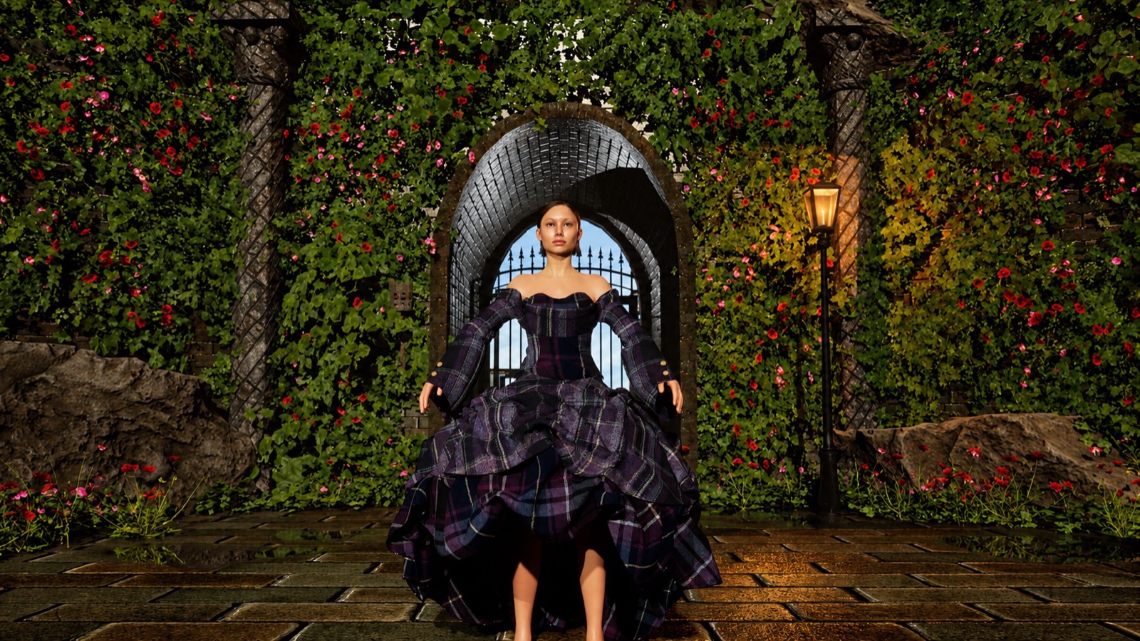 Midnight Tartan worn by the custom MetaHuman in the Unreal Engine garden scene.