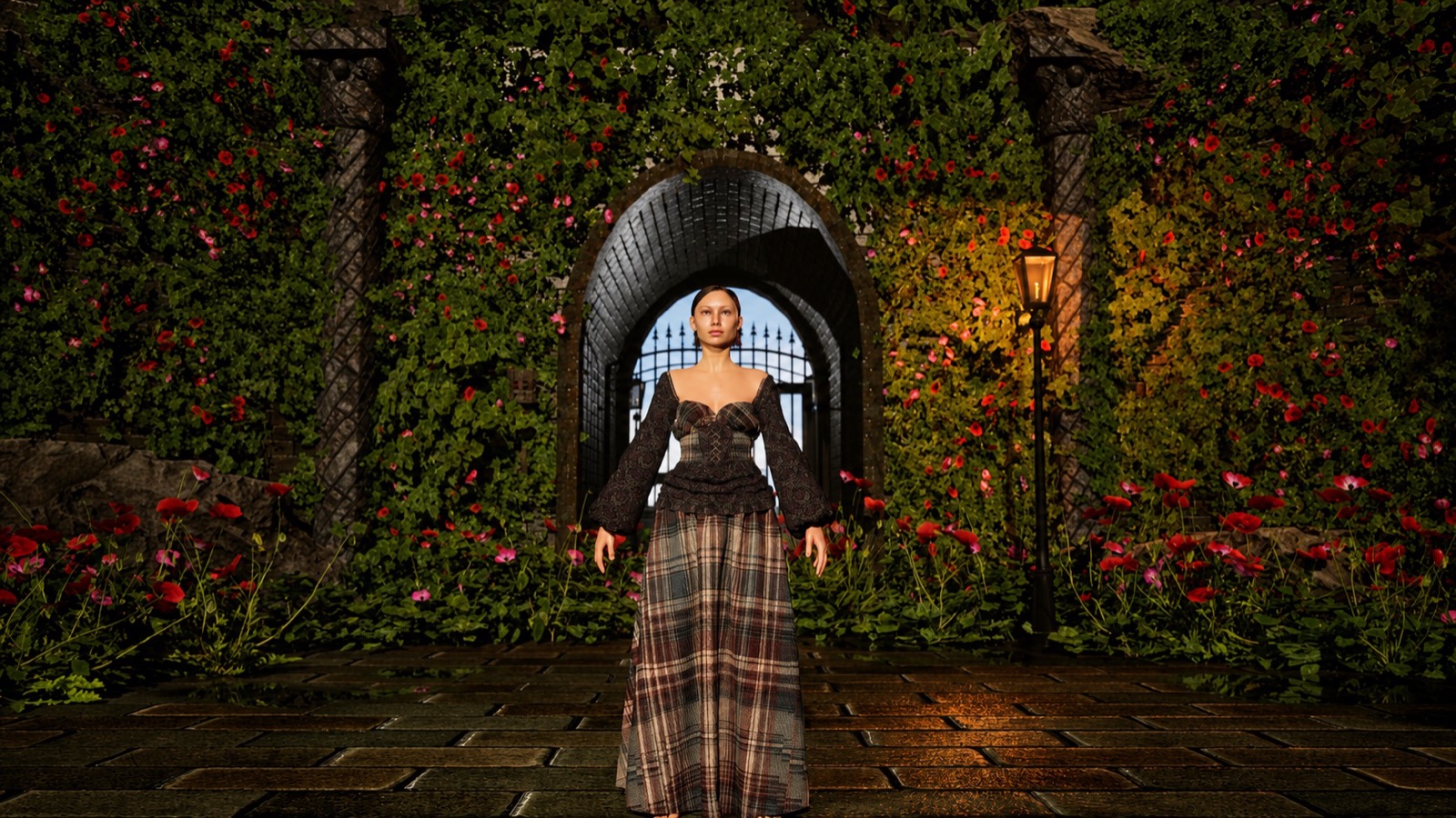 Veiled Tartan worn by the custom MetaHuman in the Unreal Engine garden scene.
