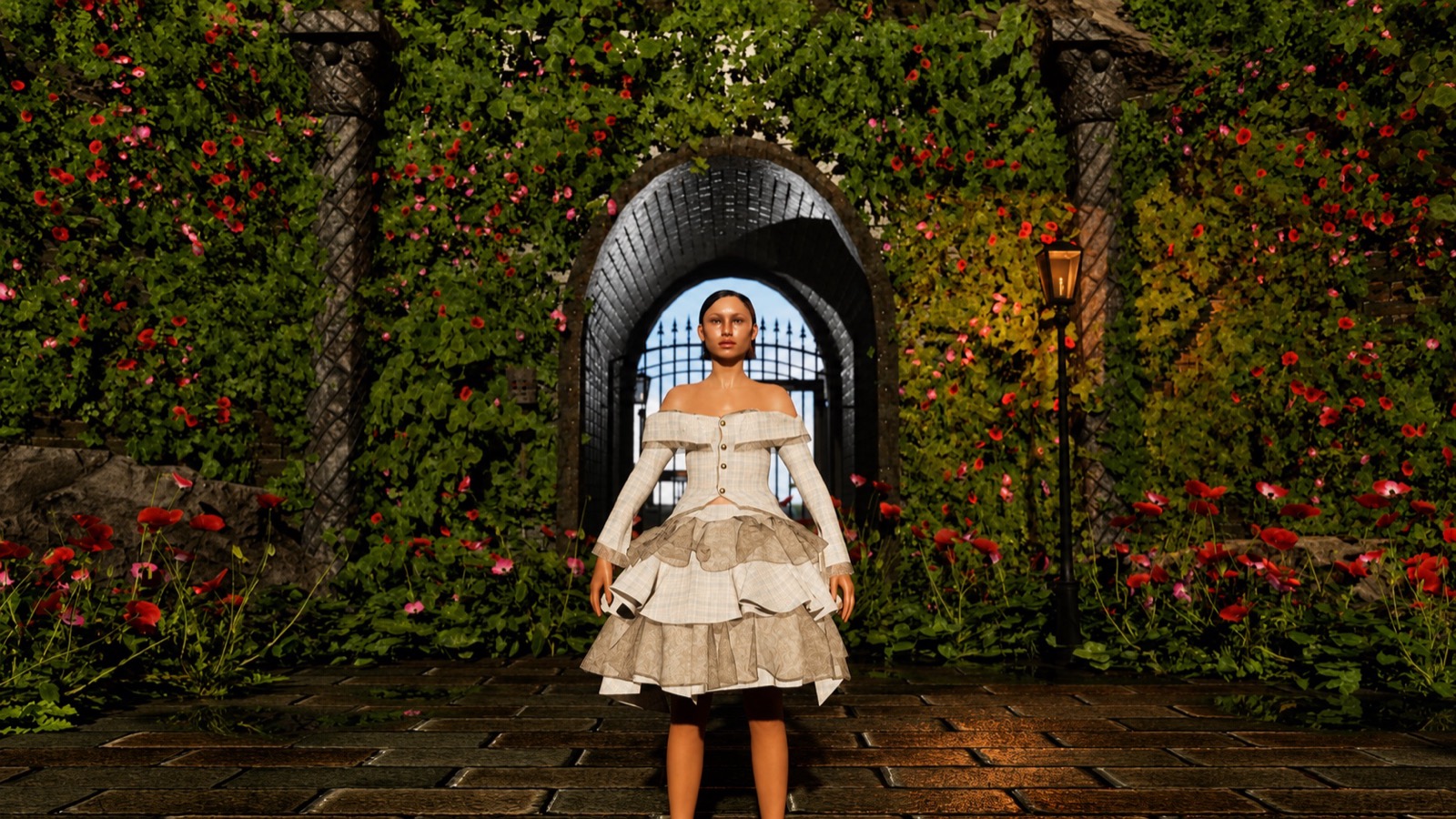 Porcelain Plaid worn by the custom MetaHuman in the Unreal Engine garden scene.