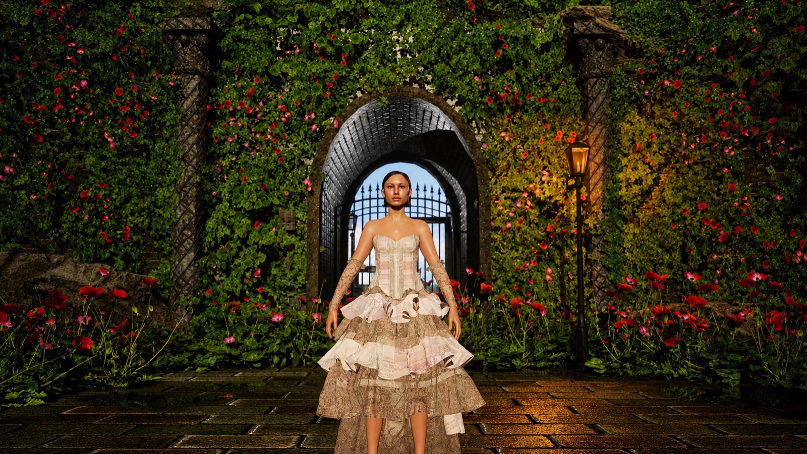 Ribboned Tartan Reverie worn by the custom MetaHuman in the Unreal Engine garden scene.